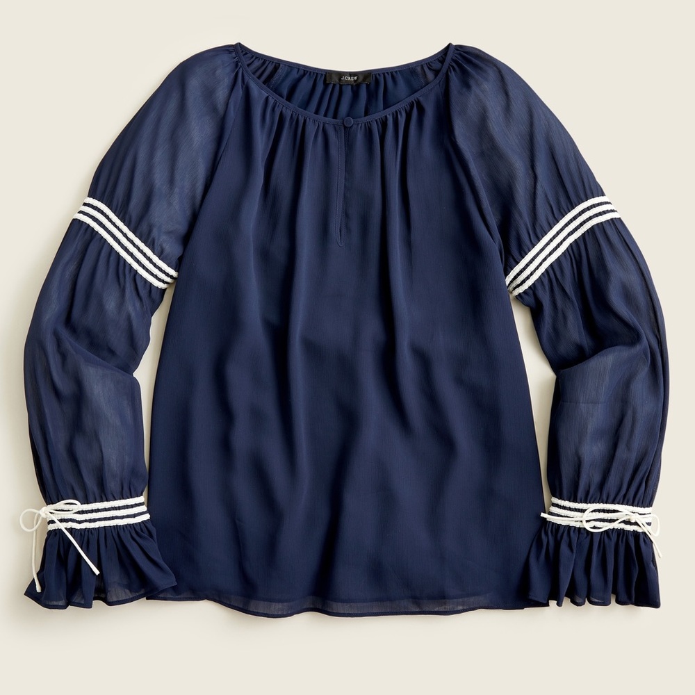 J. CREW Flutter Cuff Crinkle Chiffon Top Blouse Peasant Navy Blue White NWT
